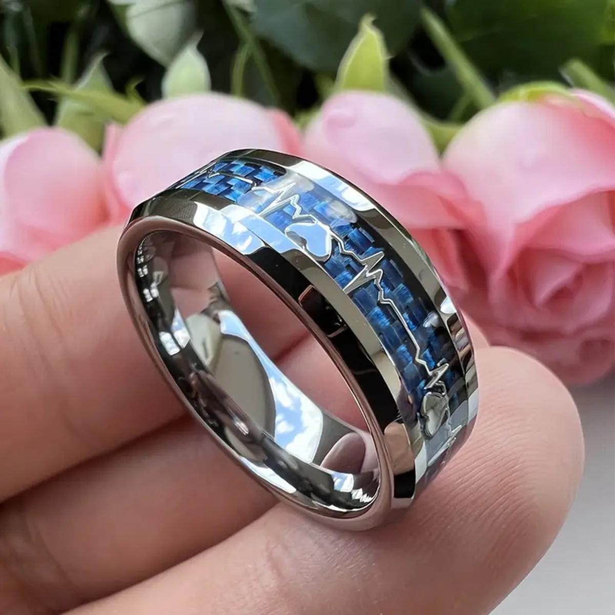 New Fashionable 8mm Stainless Steel Ring, Heartbeat Design with Carbon Fiber - Wedding Party Promise Ring