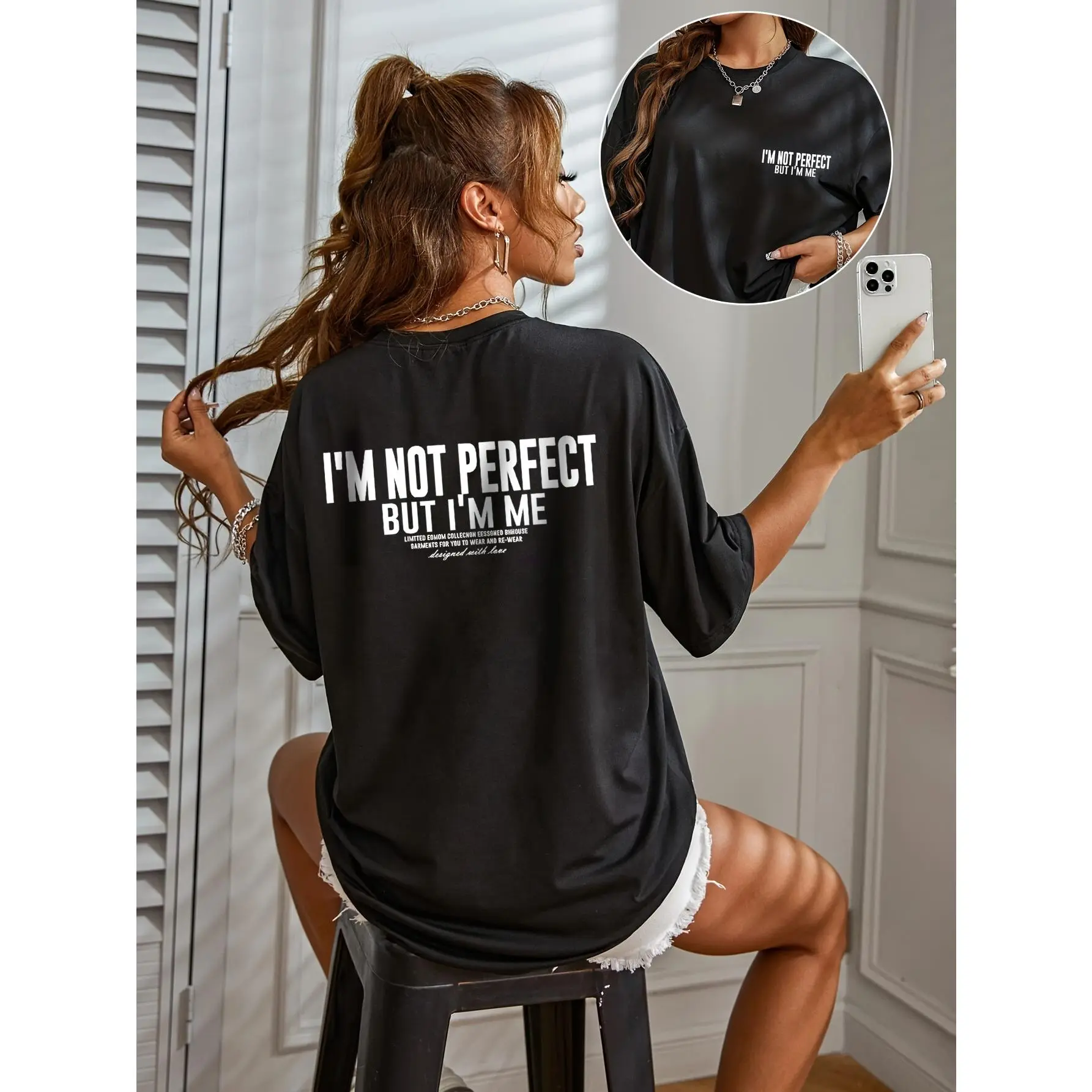 Black Positive Slogan Graphic Oversized Crew Neck T-Shirt, Soft Breathable Casual Summer Daily Streetwear Top For Teen Girls