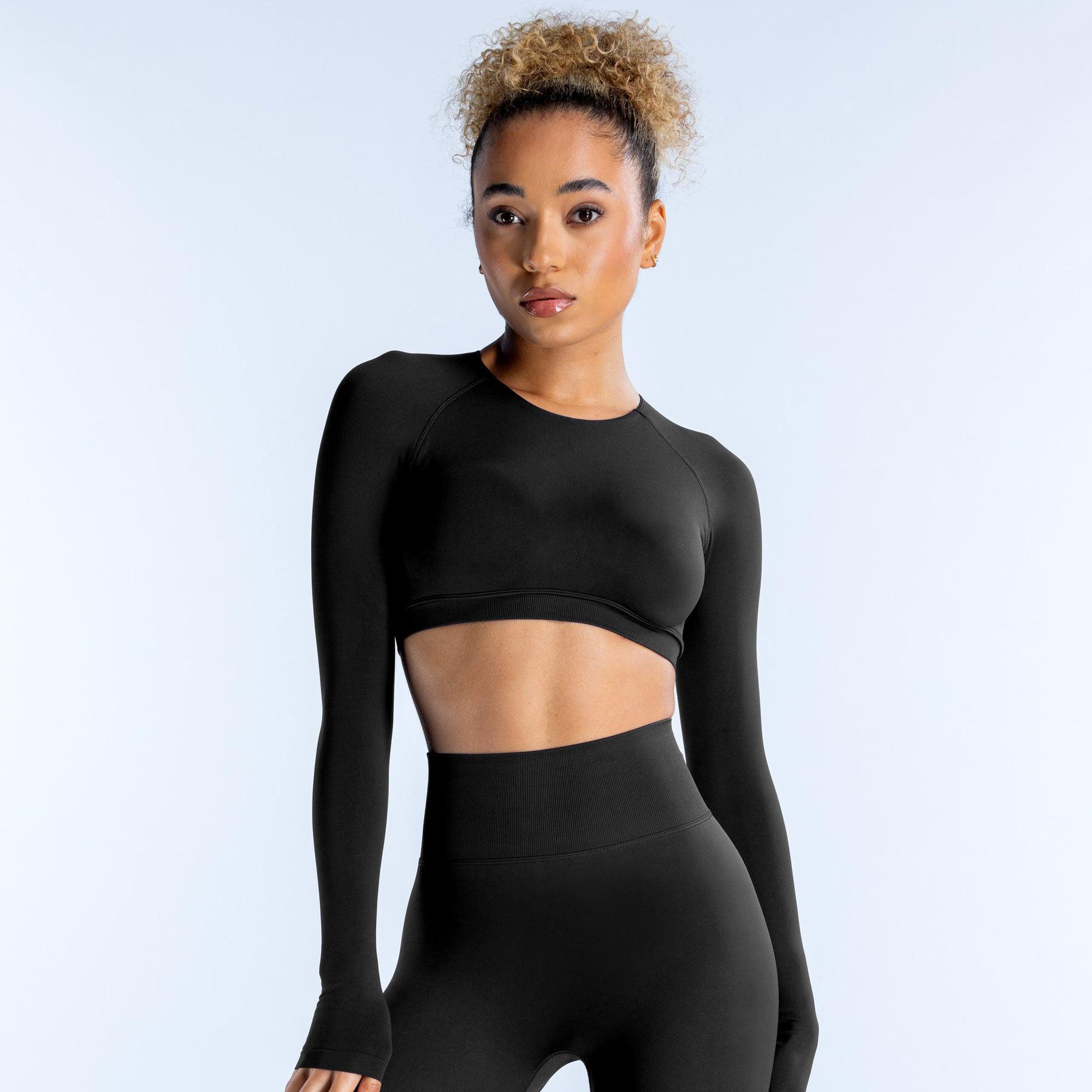 2026 DFYNE Round Neck Crop Top Navel-Baring Hollow Back Long Sleeve High Stretch Yoga Gym Shirt for Women
