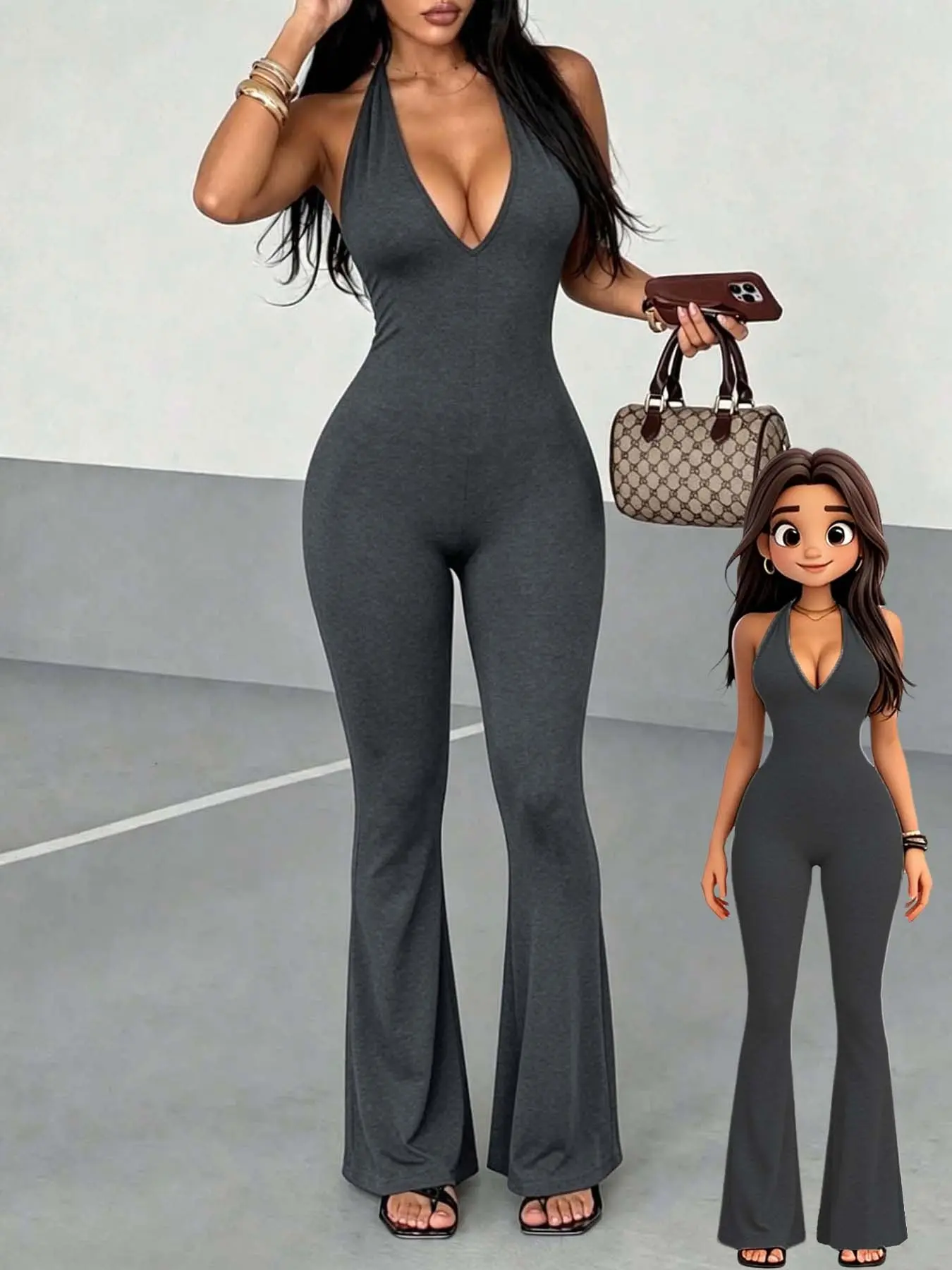 Women's camisole Sleeveless deep V-backless flared pants, Fashion Jumpsuit, made of soft and comfortable fabric, slim fit high waisted flared, are an ideal choice for daily lounges, club night outings, and summer streetwear.
