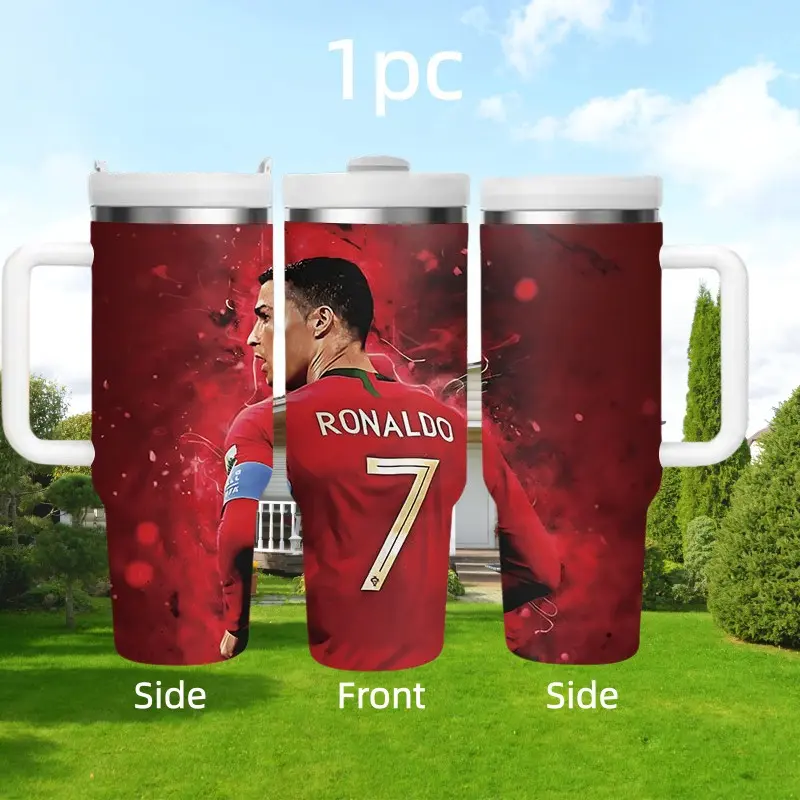 1pc Insulated Tumbler with Foldable Handle, 40oz/32oz Stainless Steel Travel Cup, Double Wall Vacuum Leakproof, Soccer Fan Gift for Men Women