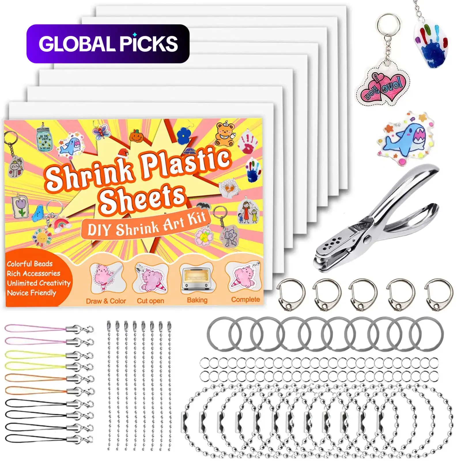 184pcs/200pcs Shrink Plastic Sheet Kit with Keychain Set, 176pcs Keychains and Open Iron Rings, Handmade DIY Craft, Craft Projects, Christmas Gift #GLOBAL PICKS