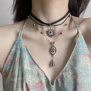 Gothic Layered Strap Multi Layered Necklace for Women Leather Collar Chain Chokers Crystal Long Chain Beads Pendant Jewelry Gift