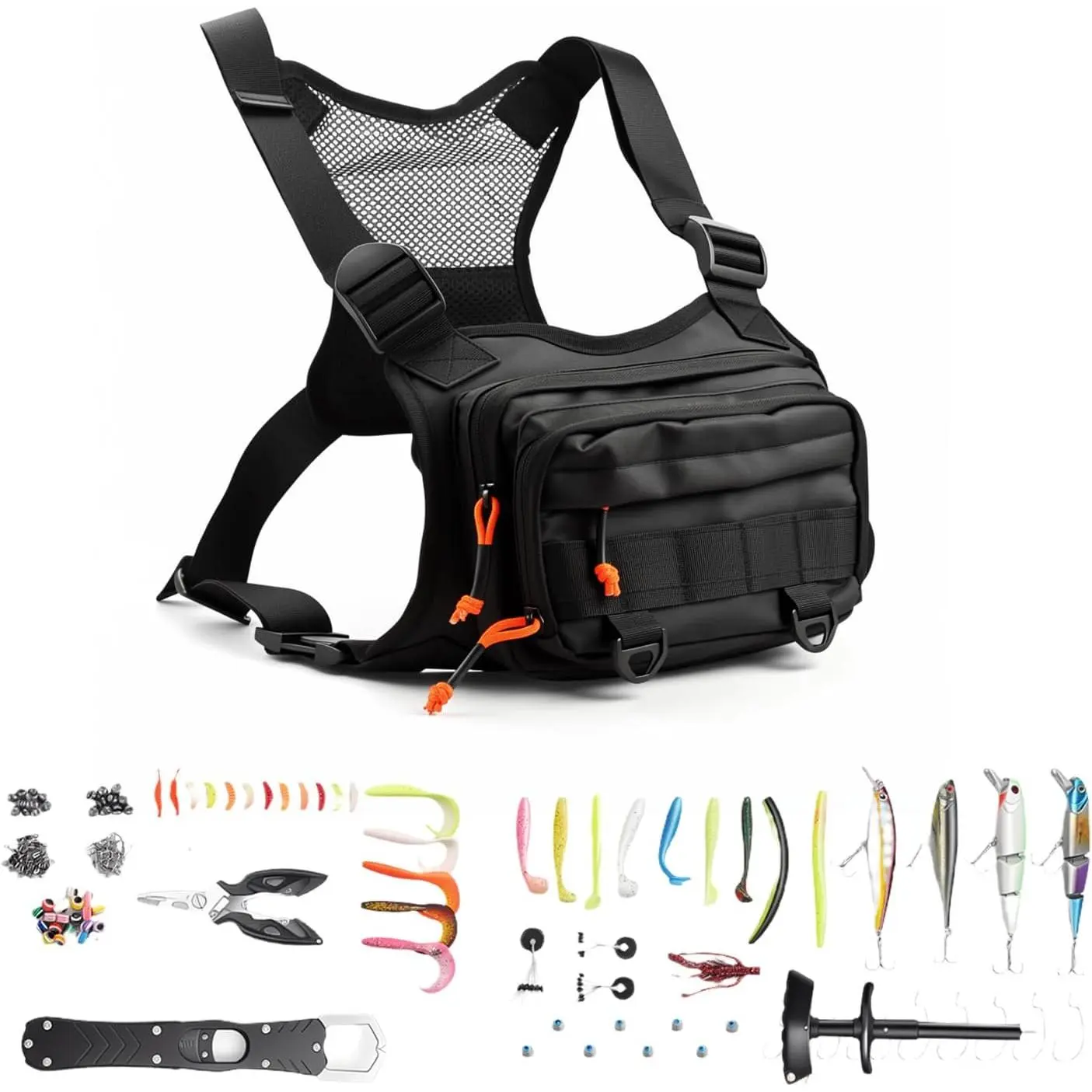 All in One Fishing Chest Pack Tackle Bag with Tackle Box, Fishing Lures Kit, Hook Remover Tool, Fish Lip Gripper, Fishing Plier Friendly for Beginners & Professional Anglers Gifts for Men (Black)