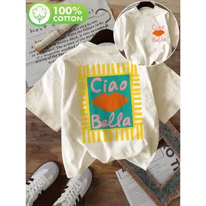 Ciao Bella Lips Graphic Oversized Crewneck Tee 100 Percent Cotton Loose Fit Casual Summer Top Trendy Streetwear Shirt For Women