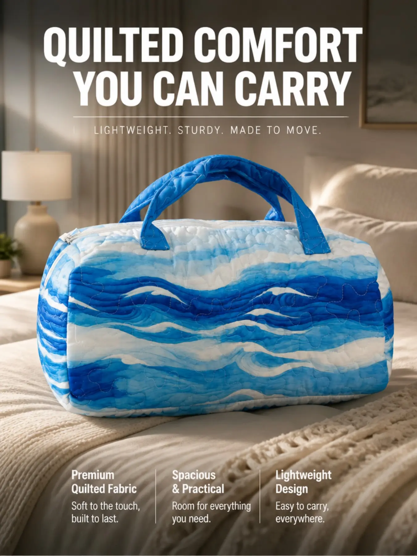 Sky Blue Cloud Print Quilted Handbag, Large Capacity Soft Weekender Travel Bag, Lightweight Overnight Fitness Luggage, Ideal for Outdoor Trips