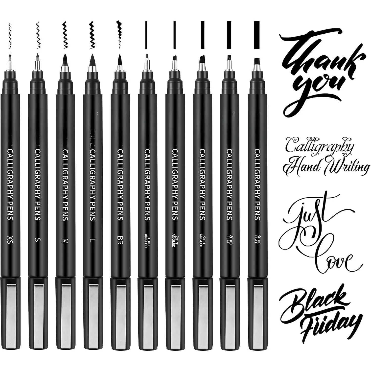 Calligraphy Brush Pen Set - 10 Sizes Black Archival Ink Markers with Brush Tips, Multi-Surface Office Writing Tool