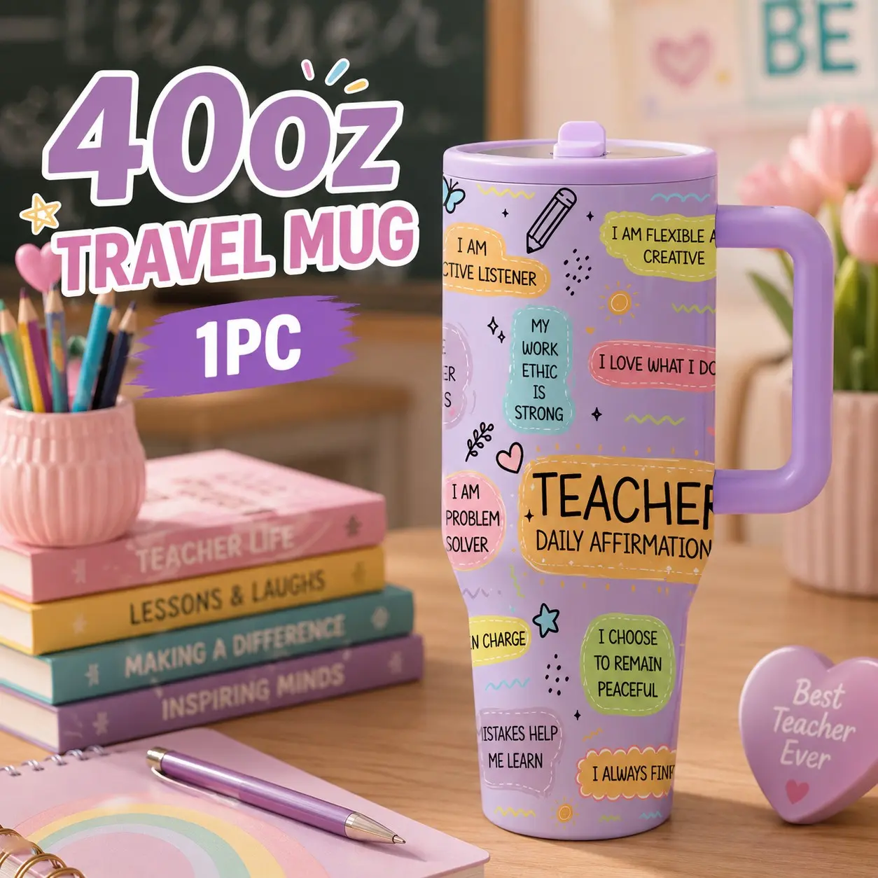 1 Pc 40oz Teacher Insulated Tumbler with Handle, Double Wall Stainless Steel Travel Mug, Thermal Mug, Coffee Thermos, Leak-Proof Lid, Keeps Drinks Cold 24H & Hot 12H, Positive Affirmation Coffee Cup, Perfect for Classroom, Office, Teacher Appreciation