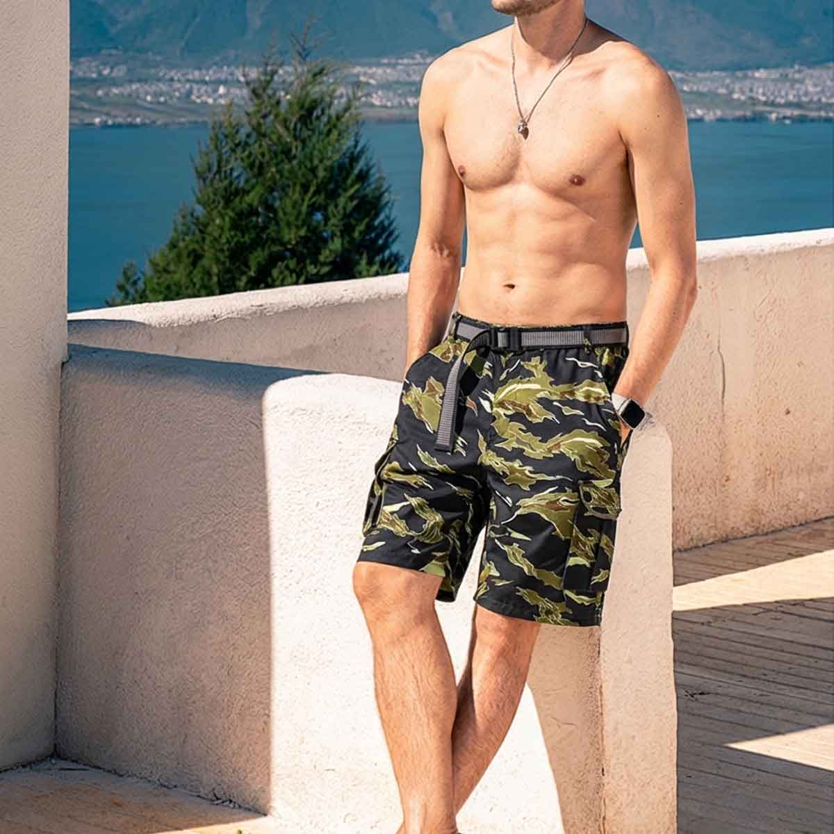 Tactical Camo Core Set Mens Quick Dry Cargo Shorts with Included Canvas Belt & Camouflage Print Breathable Sportswear for Outdoor Hunting & Fishing Adventures