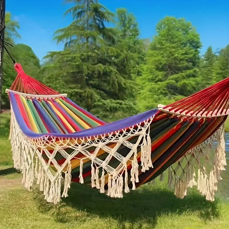 Bohemian Hanging Chair Hammocks with Floral Print & Tassel Fringe, Handcrafted Double-Sided Brazilian Swing for Patio & Beach, 79 x 59 in