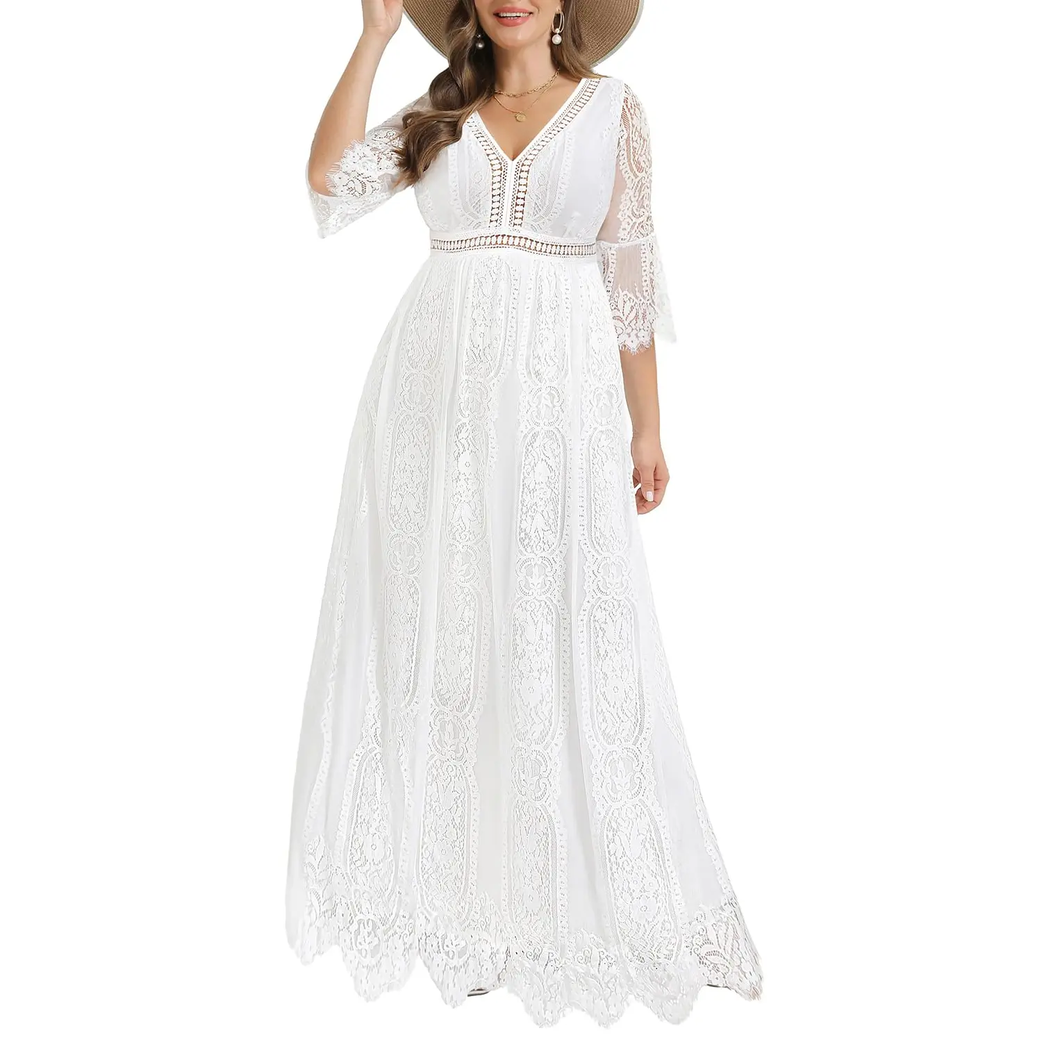 Pinup Fashion Women's Plus Size Boho Maxi Floral Lace Bohemian Wedding Dress V Neck Flowy Long Party Dresses