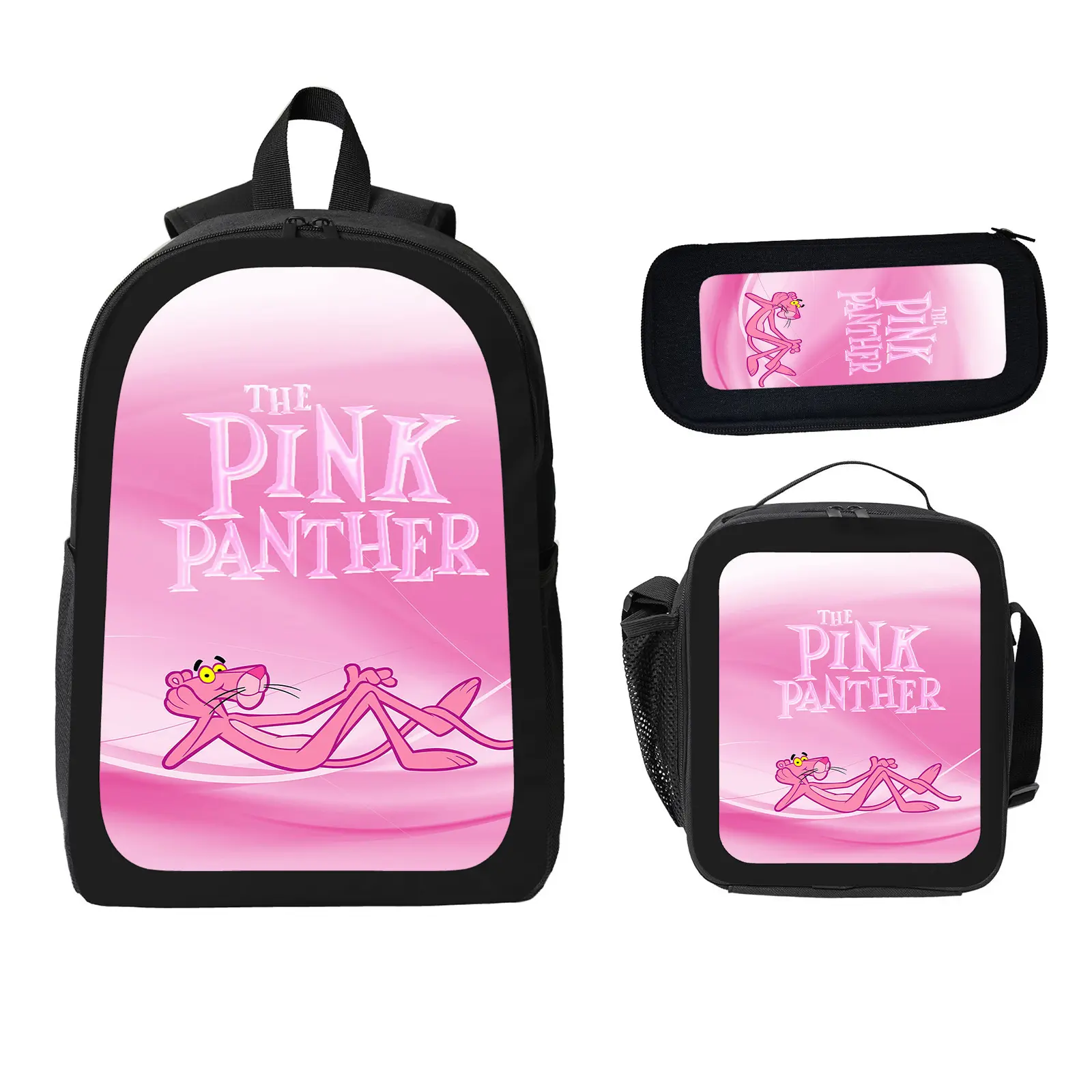 Unisex Pink Panther 3-Pcs School Backpack Set Pack for Kids, Large Capacity Water Resistant Bookbag with Insulated Lunch Bag & Pencil Case, Elementary-Middle School Travel Daypack e-55