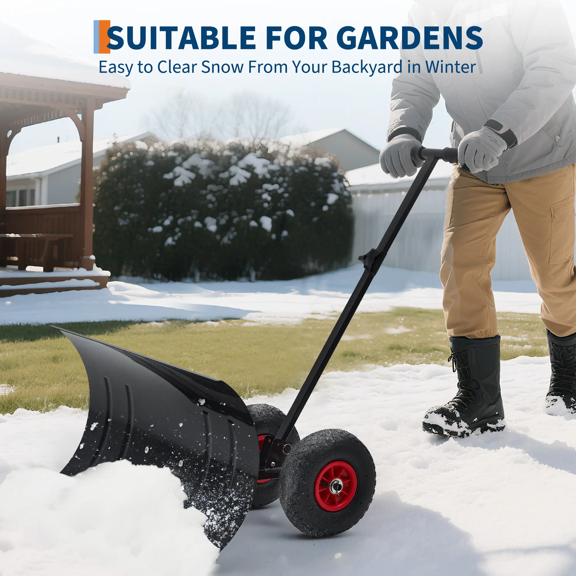 Garvee Heavy Duty Rolling Snow Shovel with Wheels – Large 29" Angled Metal Blade – Adjustable Ergonomic Handle – Efficient Snow Removal for Driveway, Sidewalk, Pavement, Garden