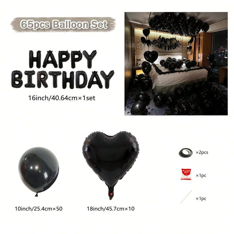 65pcs Black Theme Party Decoration Set with Latex Heart Banner Plastic Balloons Aluminum Foil Ball for Home Decor Photo Props Outdoor Gifts Happy Birthday Decor for Men Women