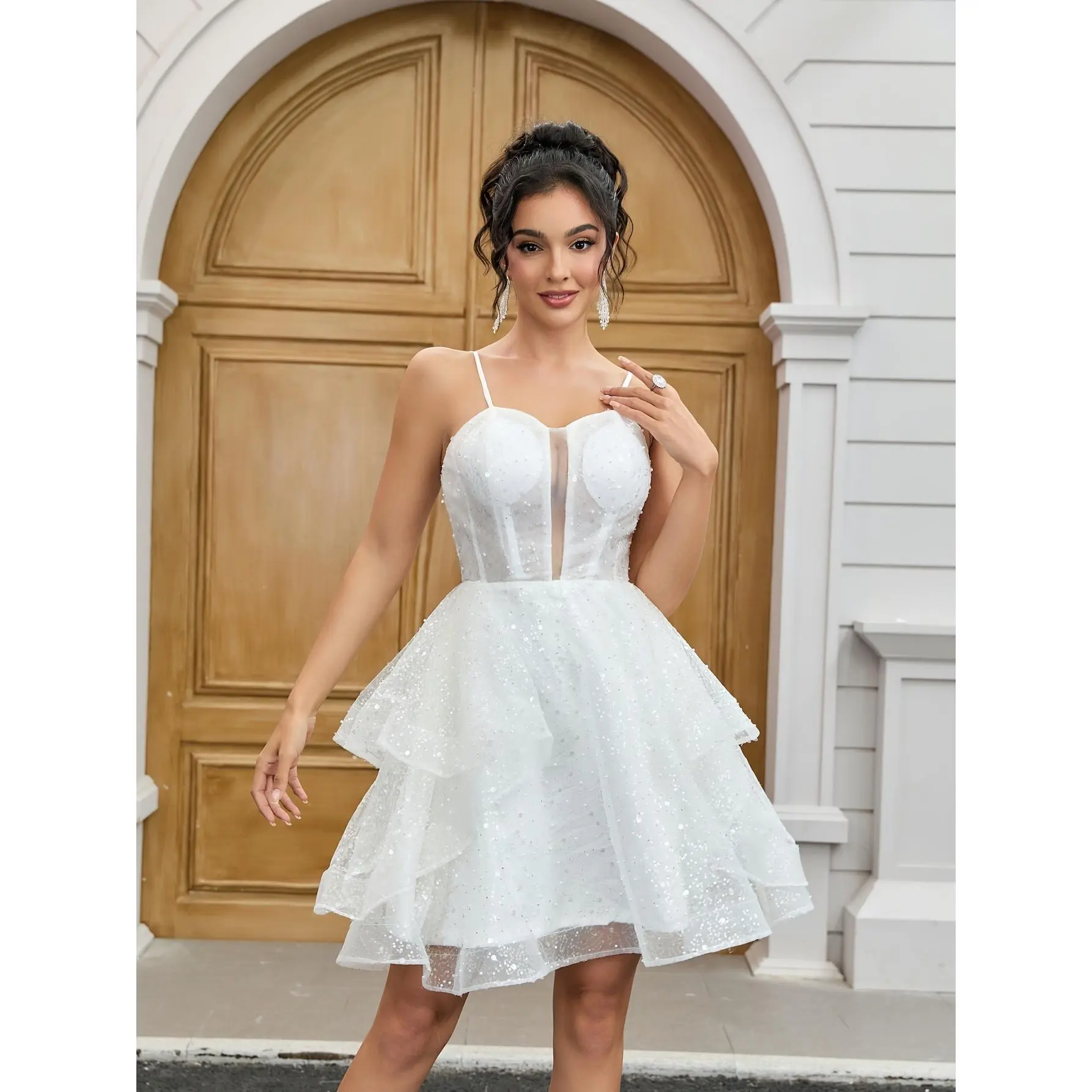 Bridal Gown Adorned with Beads And Sequins for Women, White Dress, Asymmetrical Skirt Prom Dress with Spaghetti Straps, Sophisticated Wedding Attire, Short Wedding Dress for Ladies