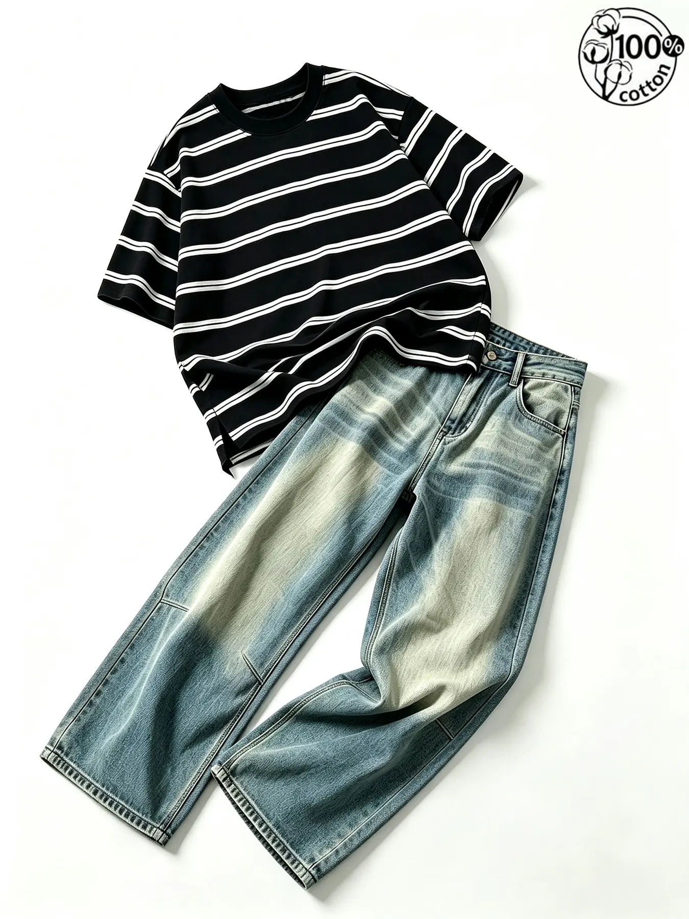 Unisex Black White Striped Short Sleeve Round Neck Tee + Vintage Light Blue Wash Wide Leg Denim Jeans Set American Vintage Cleanfit Casual 2 Piece Outfit