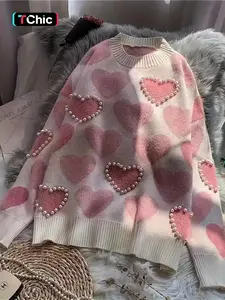 Women's Heart Beaded Sweater Knitwear, Loose Fit Soft Knit Pullover, Elegant Round Neck Jumper for Fall & Winter, Unique Design Casual Wear