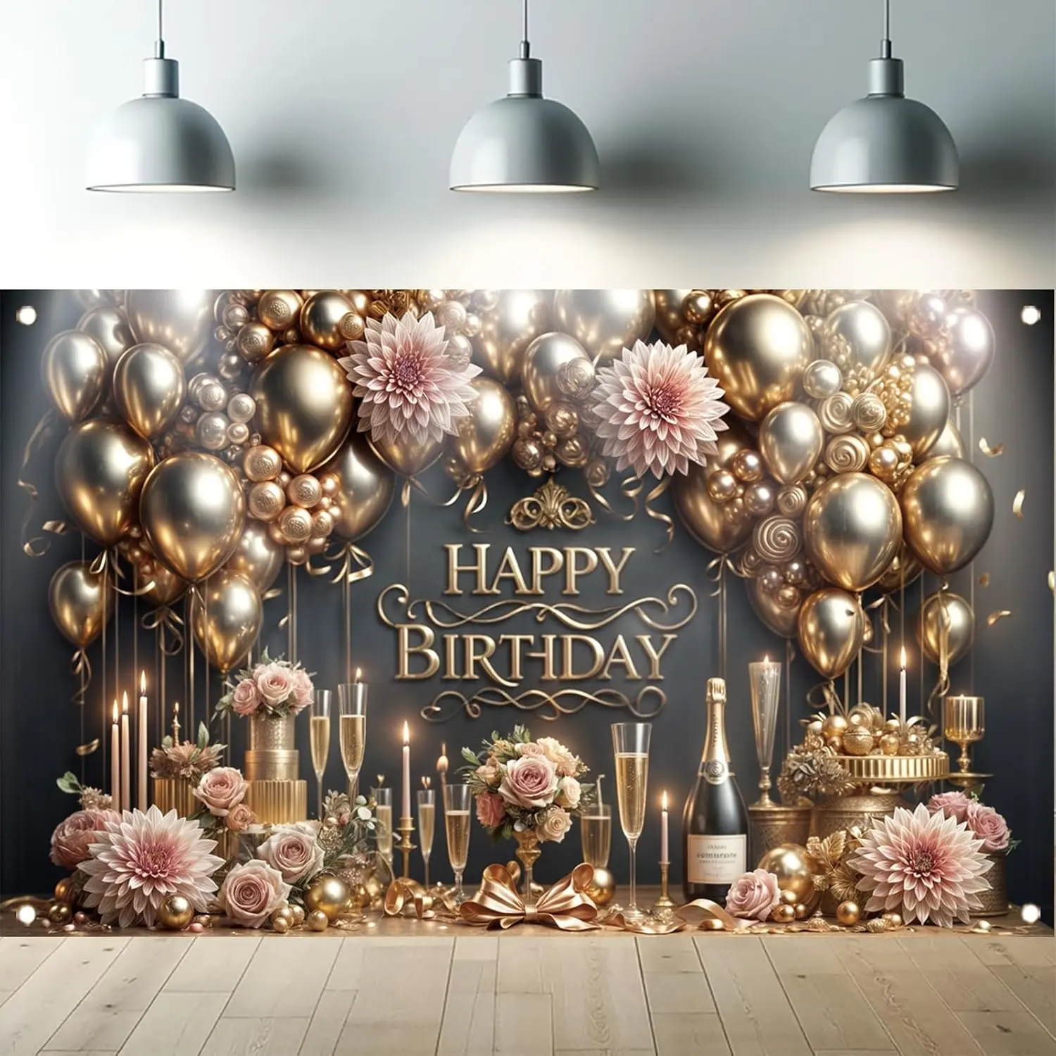 Luxury Happy Birthday Backdrop Black  Party Decoration Elegant Balloon Champagne Floral Banner for Women Men Birthday Celebration Photography Background Photo Booth 71 x 43 inch