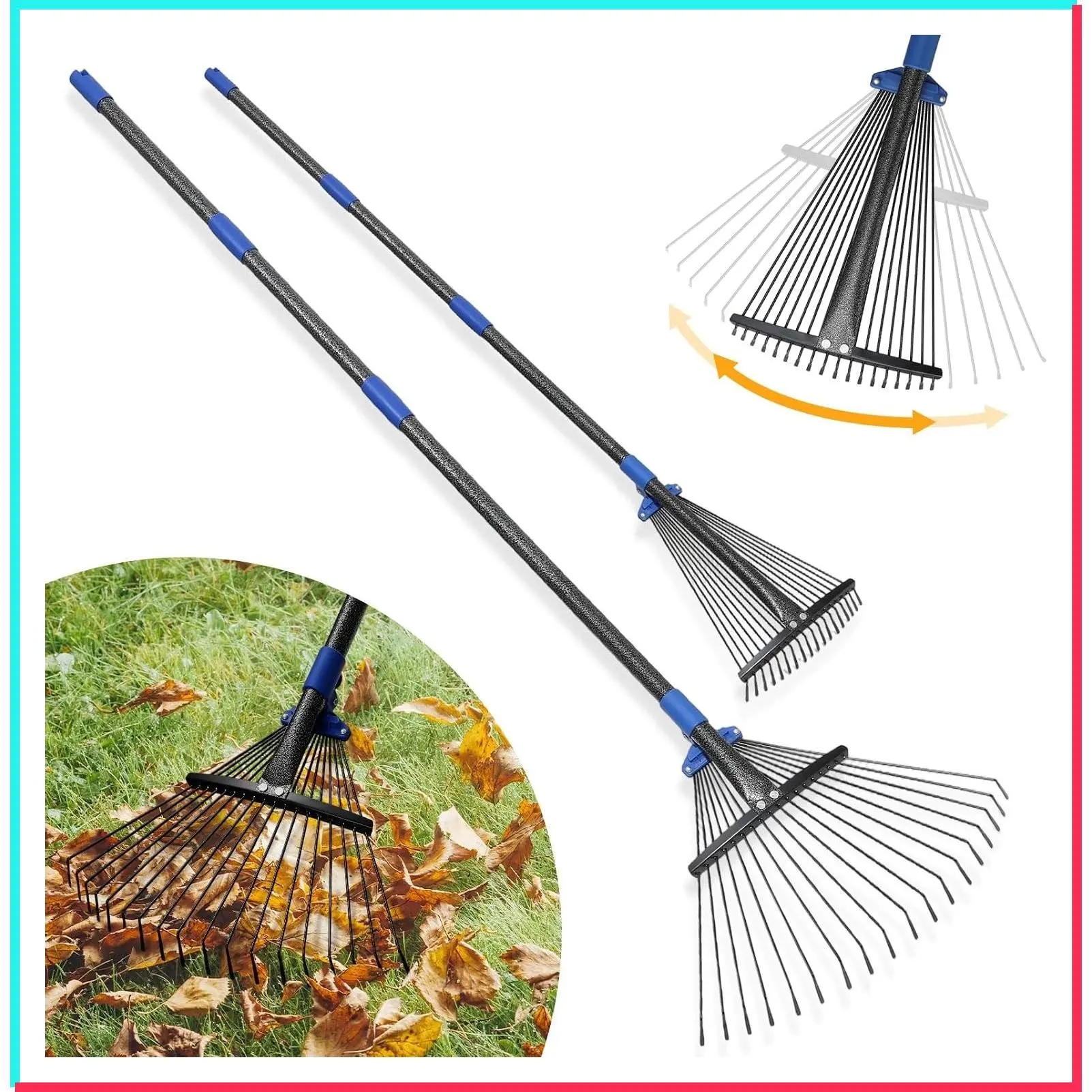 Adjustable Leaf Rake, Heavy Duty Metal Rake for Leaves, Long Handle 30"-60" with Expandable Head 8"-17", Collapsible Small Rakes for Lawns, Gardening, Yard, Camping, Shrub, Grass, Bush, Weed, Debris