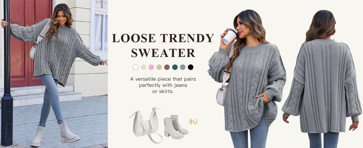 Womens Oversized Sweaters Chunky Cable Knit Crew Neck Casual Long Lantern Sleeve Fall Tunic Sweater Tops Womens Oversized Sweaters Chunky Cable Knit Crew Neck Casual Long Lantern Sleeve Fall Tunic Sweater Tops