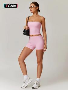 women's solid color crop tube top & shorts sportswear set, casual comfy breathable two-piece outfits for yoga gym workout running, tracksuit set, ladies sportswear for all seasons, activewear, workout clothes women