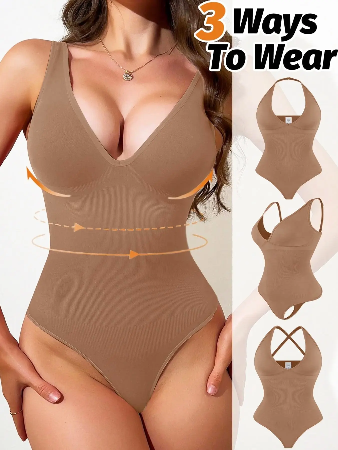 Women Shapewear Bodysuits, Underwear, Deep V Neck Halter Top Tummy Control Adjustable Straps Thong Sexy Butt Lifter, Convertible Design With Detachable Straps, Full Body Shaping For Outdoor/Bikini Wear