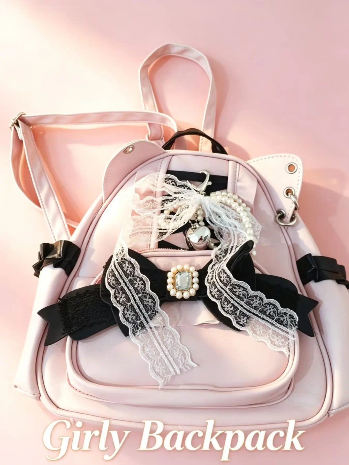 Cute Cat Ear Trendy Backpack for Women, Y2K Subculture Mini Bag with Lace, Pearl Heart Bowknot, Lolita Style Shoulder Bag