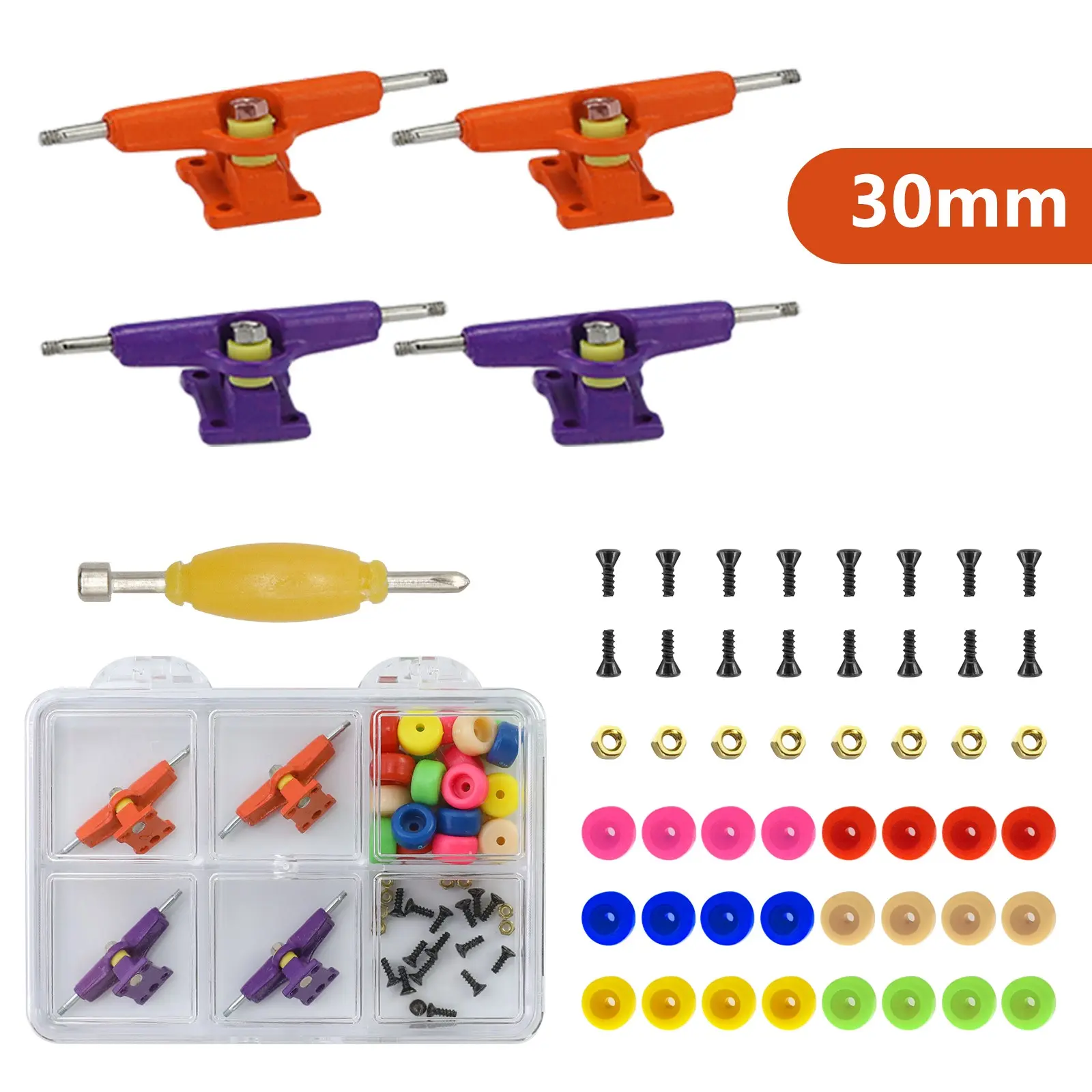 52PCS 30mm Fingerboard Accessories Kit Set, Mini Finger Skateboard Trucks, Colorful Wheels, Screws & Repair Tool with Storage Box, DIY Finger Skateboard Upgrade Parts Kit for Fingerboard Lovers