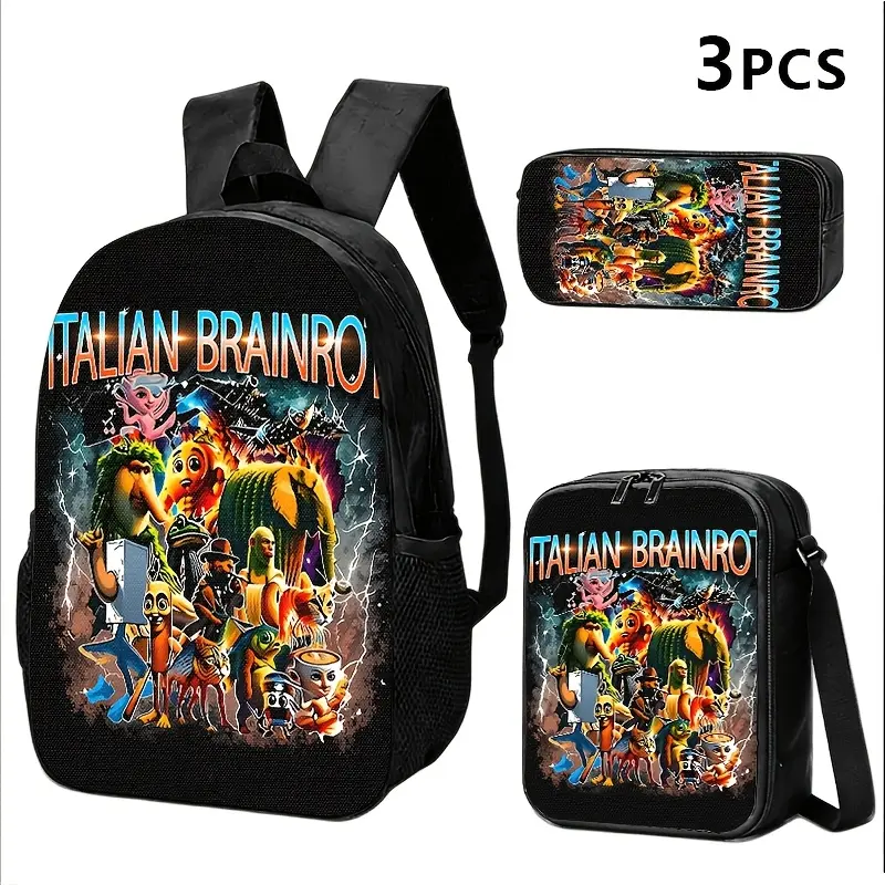 Unisex Italian Brainrot Meme Art 3-Piece Daypack Trio, Viral Internet Print School Bag + Lunch Bag + Pencil Case, Oxford Cloth Adjustable Strap Daypack for School Use & Kids