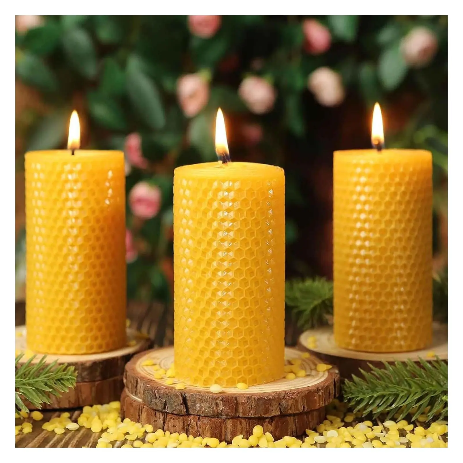 100% Pure Beeswax Pillar Candles - Non-Toxic, Unscented, Smokeless, Yellow Honeycomb, 2x4 Inch, 3 Pack, 60 Hour Clean Burn for Home, Emergency, Prayer, DinnerGift