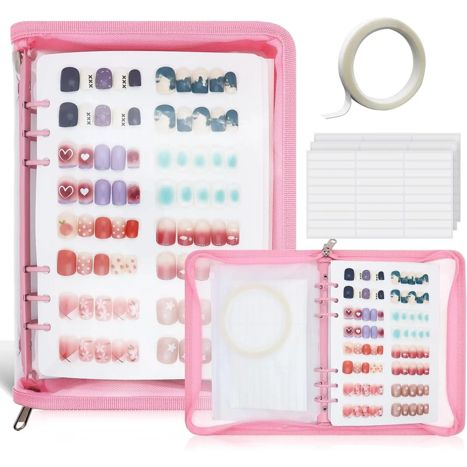 Plastic A5 Beauty Nail Storage Organizer Binder - 8 Pages, Press On Nail Storage, Reusable Swatch Book, Polish Color Display Holder with Tape, Zip Pocket (Pink)