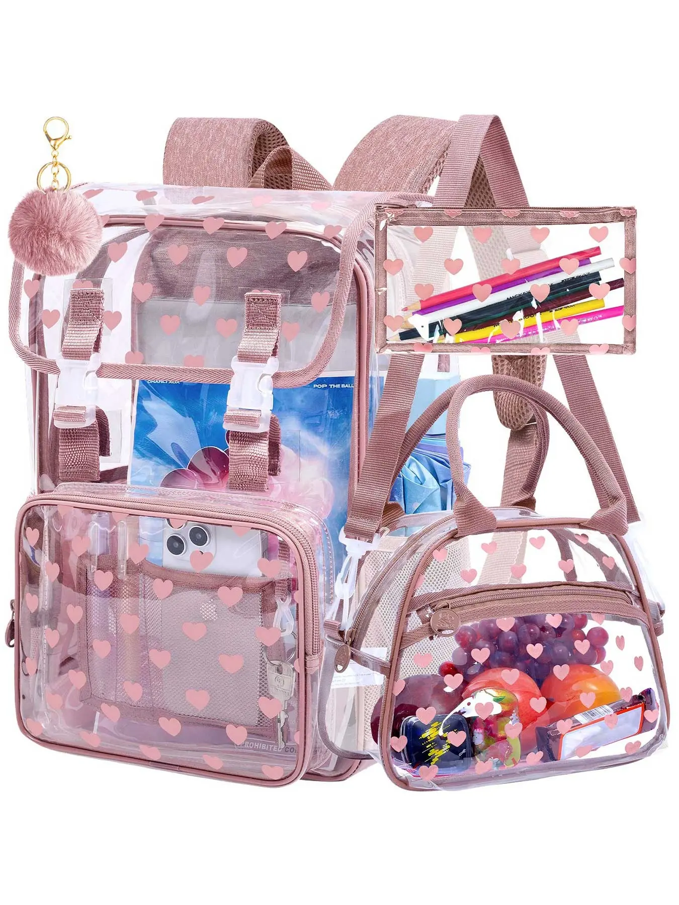 3PCS pink transparent schoolbag set, suitable for school, girls and children. 17-inch court-certified transparent backpack with lunch box (pink)