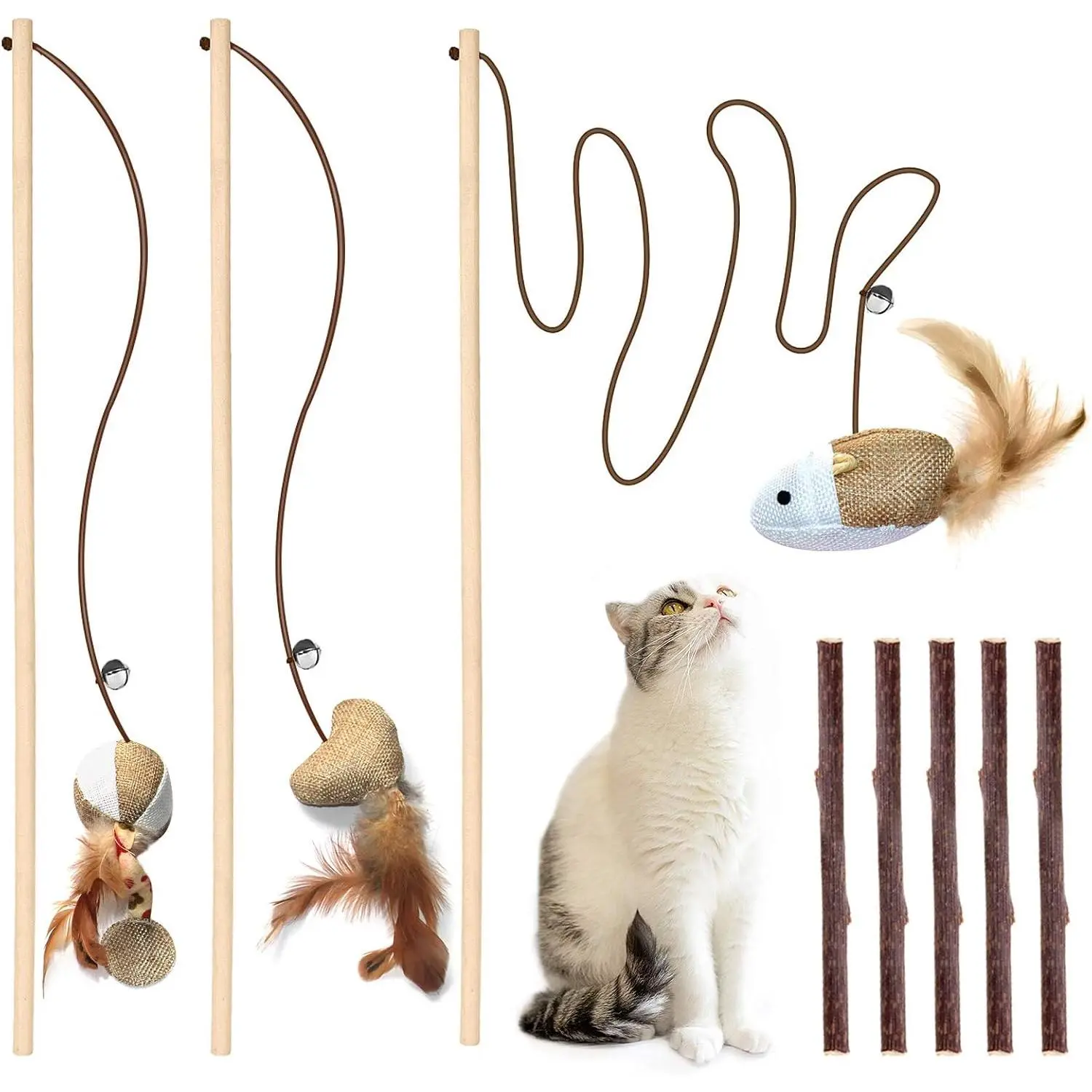 3-  Wooden  Teaser Wand  Kit with 5 Silvervine Sticks and Elastic String  Pole  with  and
