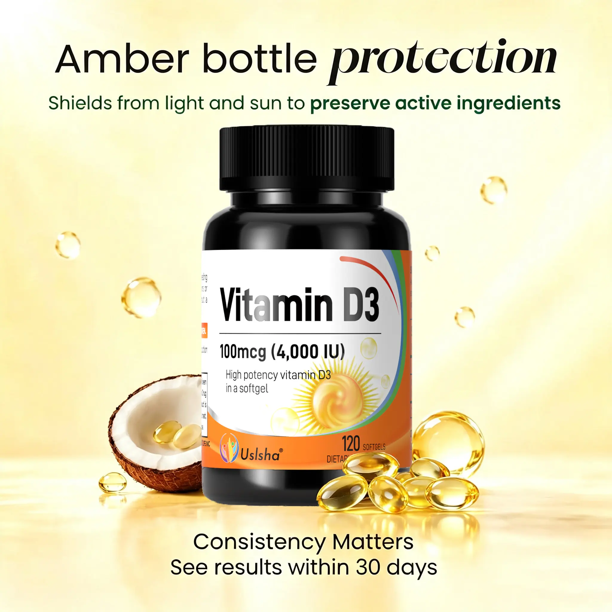 USLSHA Vitamin D3 4000 IU (100mcg) Softgels - 120 Gels, High Potency Adult Supplement, Olive Base, Absorption Aid, Non-GMO, Gluten Free Daily Support
