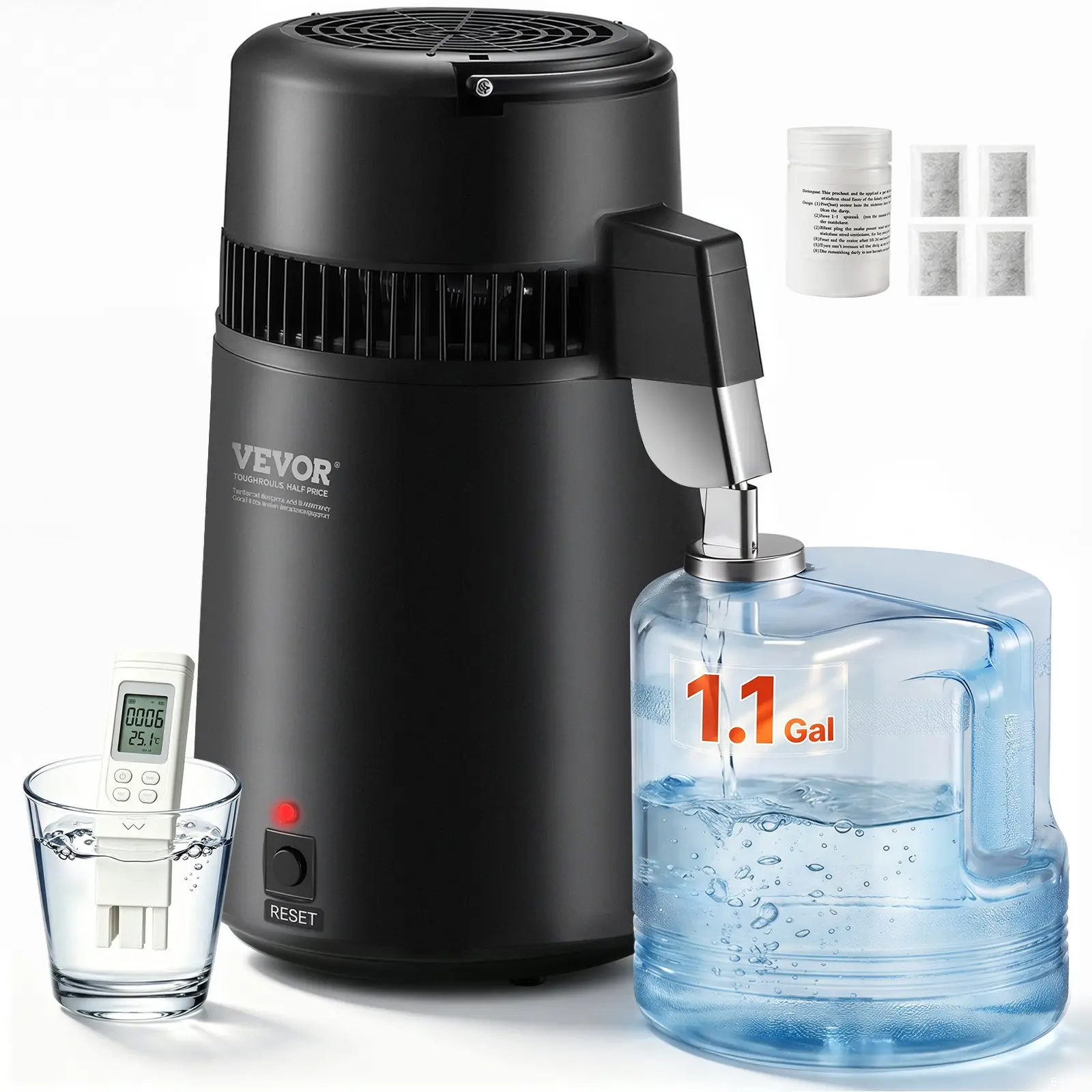 VEVOR Water Distiller, 4L 1.05 Gallon Pure Water Purifier Filter For Home Countertop, 750W Distilled Water Maker, Stainless Steel Interior Distiller Water Making Machine to Make Clean Water, Black