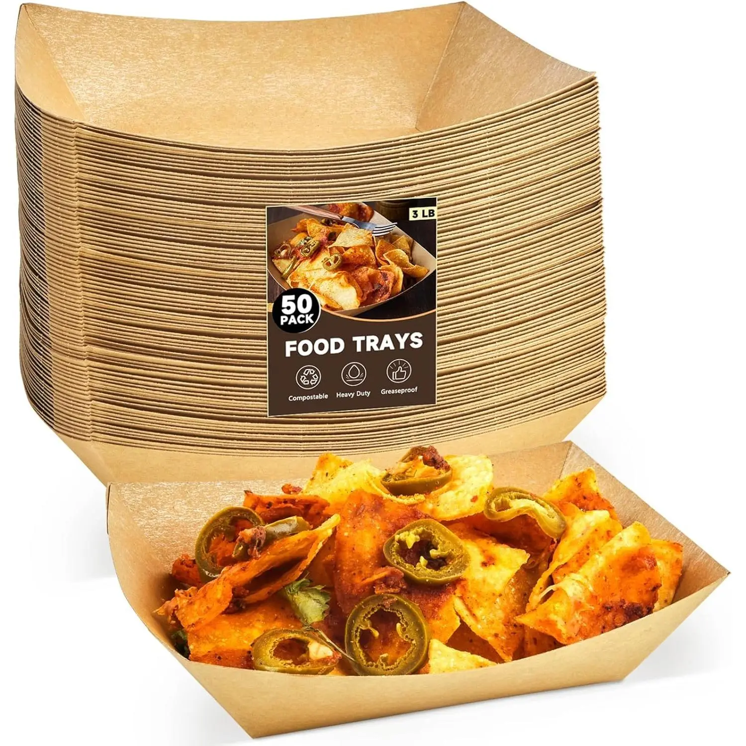 Paper  Trays, 3 Lb, 50 Pack | Disposable,  Paper, Nacho Trays,  , Taco Holders, Party Serving Baskets, For Hot Dogs Snacks Tacos Fries