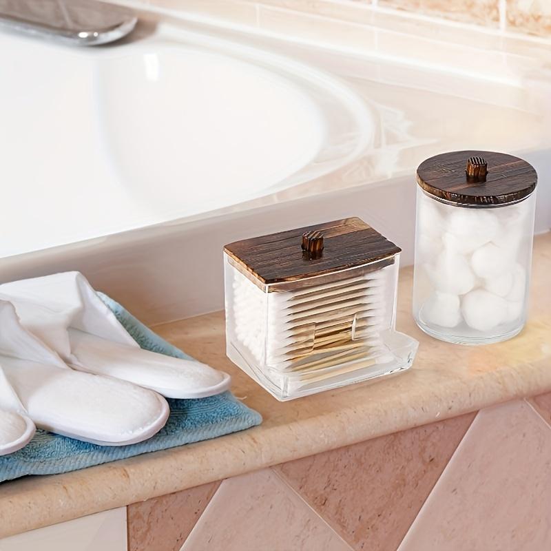 Clear Storage Box with Wooden Lid, 3 Counts Cotton Balls Cotton Swabs Storage Box, Household Storage Box for Home Dormitory Bathroom Hotel, Bathroom Counter Organizer