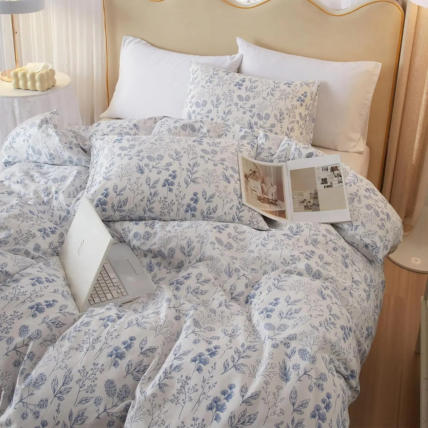 HighBuy Blue Floral Comforter Set Twin XL White Botanical Bedding Comforter Set Twin XL Bed Soft Cottagecore Blue Flowers Coquette Bedding Set Aesthetic Boho Comforter with 2 Pillowcase