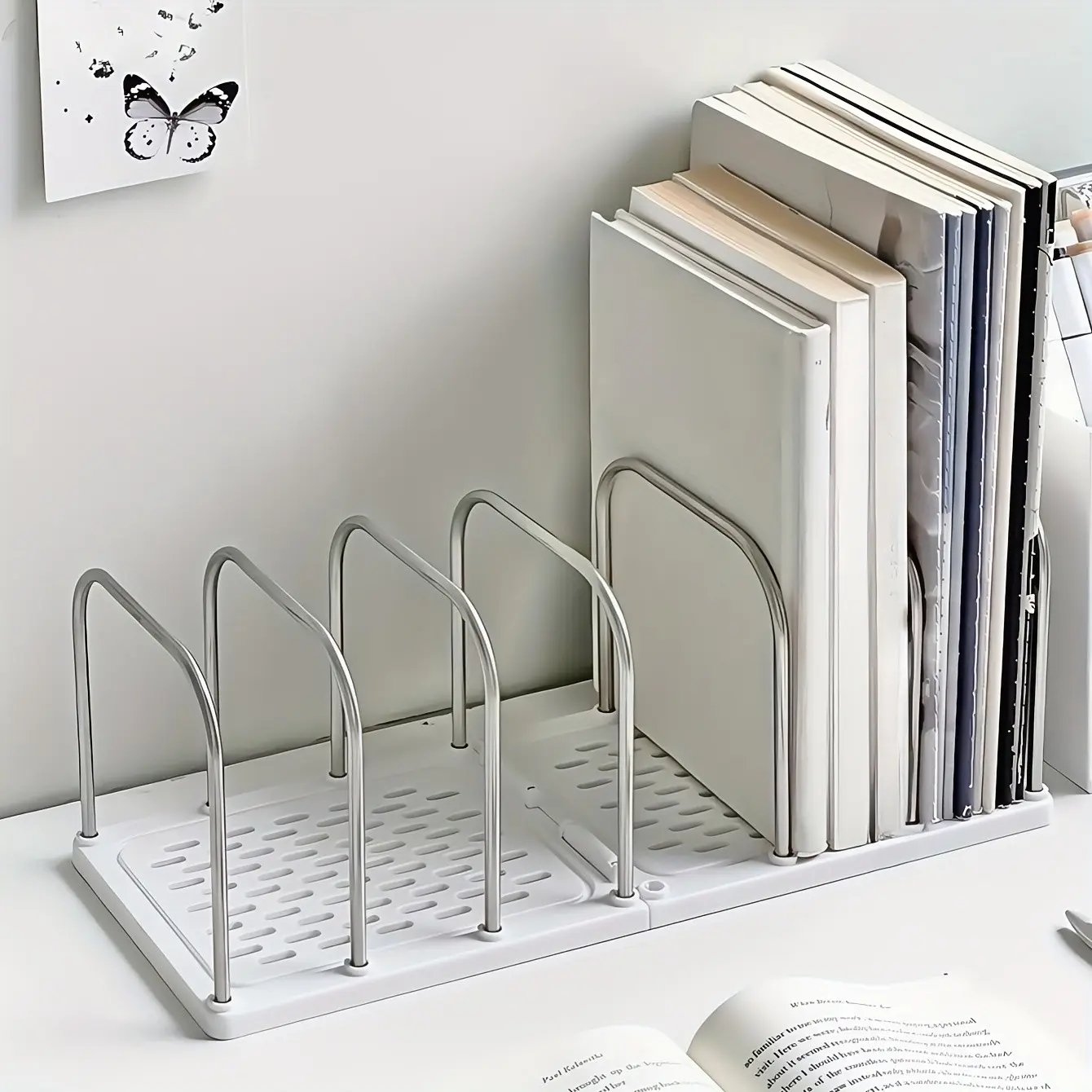 Adjustable Divided Vertical Book Stand Rack, Stainless Steel PP Desktop Bookshelf, Minimalist Desk Storage Organizer for Office, Dorm & Study Table