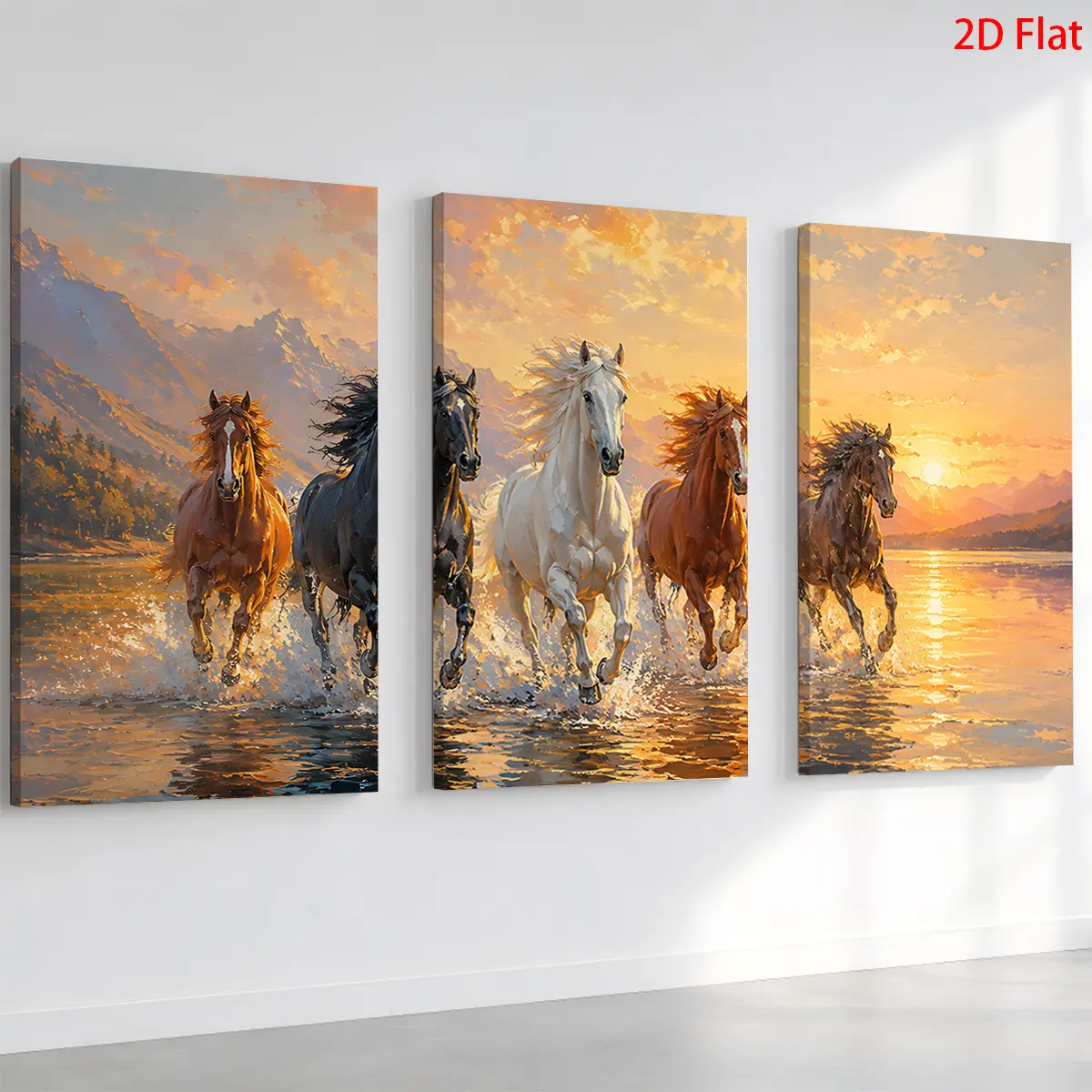 3-Piece Canvas Wall Art Set - Galloping Horses Sunset Mountain Woods Theme, Waterproof 2D Canvas Print, Ready to Hang, Home Decor Gift