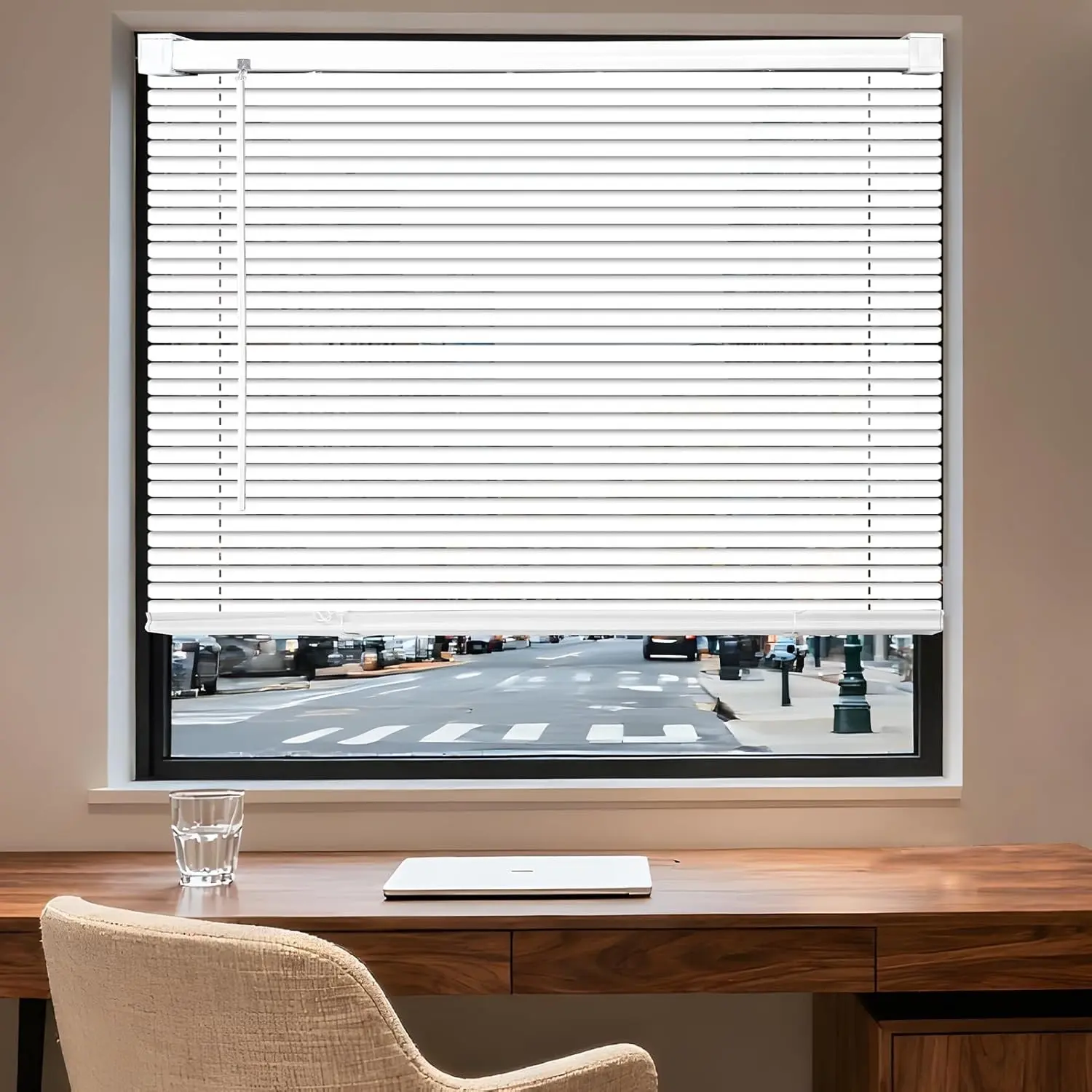 White Cordless 1" Vinyl Mini Venetian Blinds 22"W x 36"L, Perforated C-Slats Light Filtering Horizontal Indoor Window Shades for Bedroom, Bathroom and Office