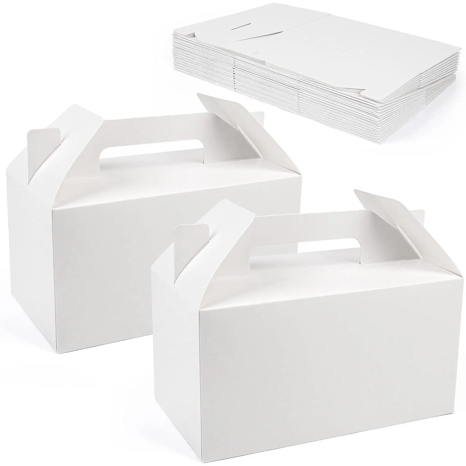 25 Pack 9.5 x 5 x 5 Inches White Gable Boxes, Large Treat Goodie Boxes with Handles for Party Favor, Gift, Birthday, Wedding, Baby Shower, Lunch, Bakery, Cookies