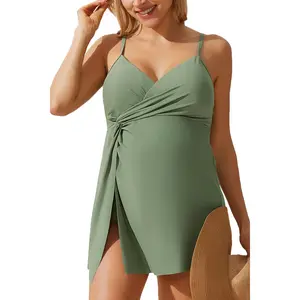 Maternity Swimsuit Swim Dress One Piece Knotted Crisscross Split Hem Bathing Suit(Gift)