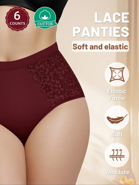 6Pack Cotton Women's High Waist Briefs with Lace Trim, Soft Breathable Shaping Underwear for All Seasons, Comfortable Fitted Women's Panties