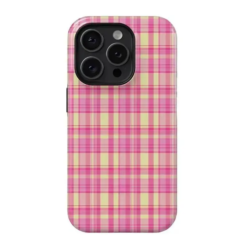 iPhone Case Pink Yellow Plaid Design Suitable for iPhone 11 12 13 14 15 16 Plus 17 Promax and Galaxy S26 Ultra S25 Plus S24 S23 Smartphone with Accessories Shockproof
