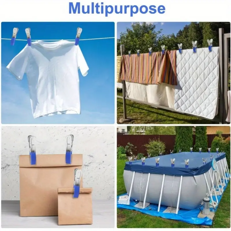 12 Pack - Blue Windproof Clips - Non-slip | Wear-resistant | Rust-proof | Fixing Drying Clips, Suitable for Clothes, Blankets,els - Durable Stainless Steel Surface Design, Laundry Accessories, Clothes Pegs