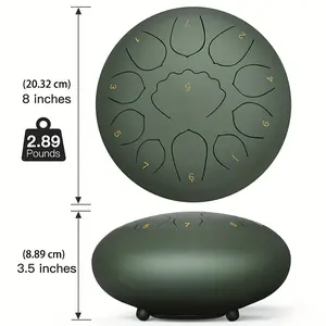 Extra Large 8-Inch 11-Tone Steel Tongue Drum - Outdoor/ Chakra Rain Drum with Drum Bag, Mallets, Music Book, Stickers & Mallet Holder - Rustproof Hand-Playable Instrument Suitable for Meditation, Yoga,, for Ages (Green)