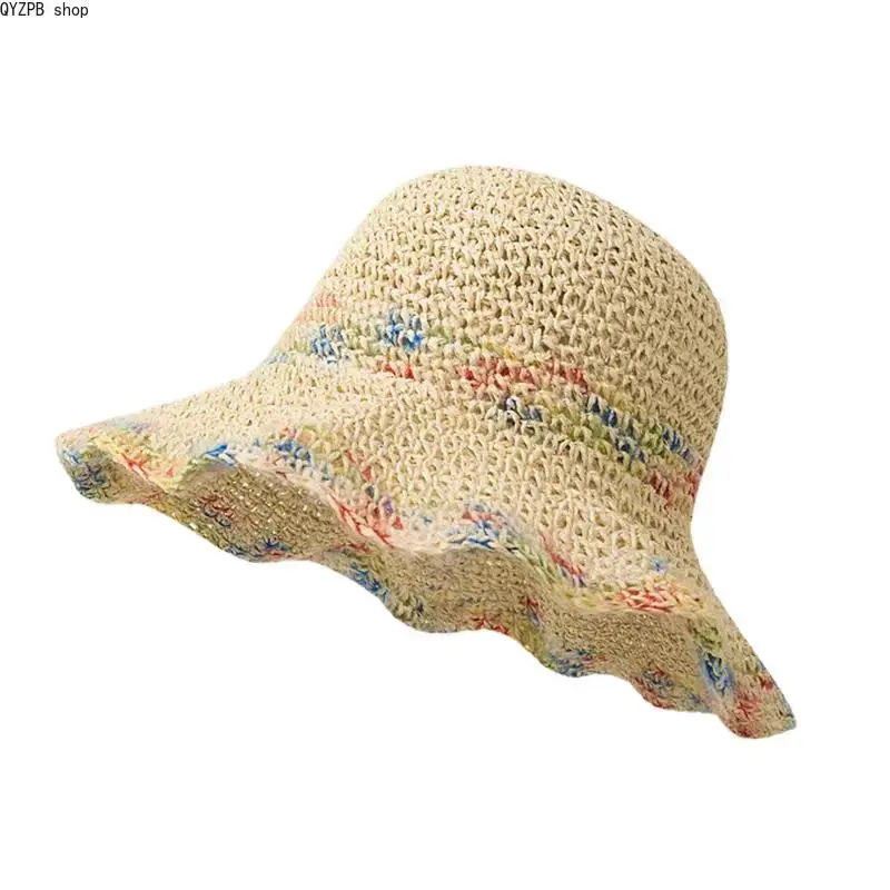 Women's Wide Brim Straw Sun Hat - Handmade Crochet Paper Straw Beach Cap, Boho Ruffled Hollow Knit, Lightweight Breathable UV Protection Headwear for Vacation Travel, Poolside Lounging, Straw Hat