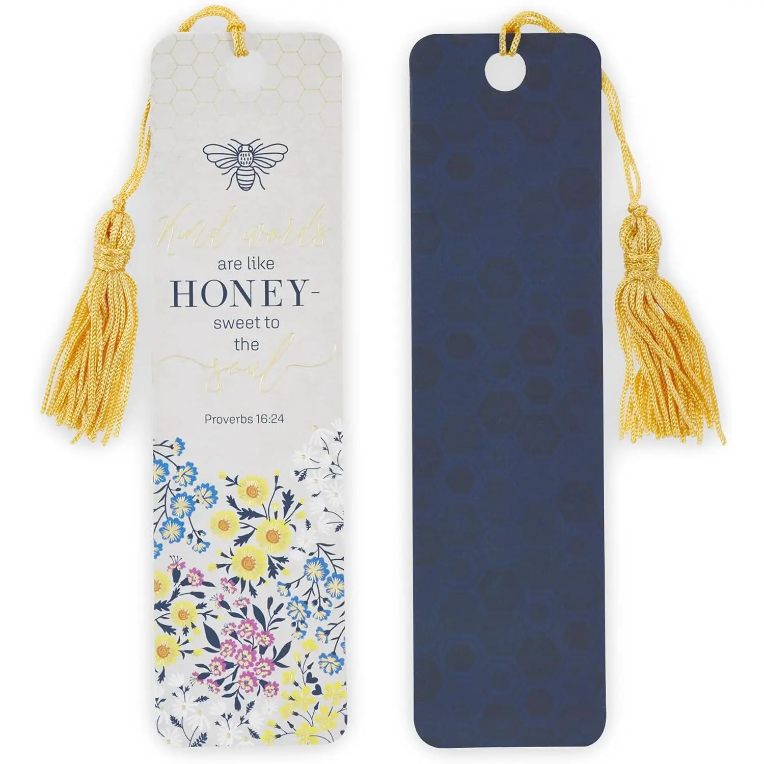 Inspirational 3 count Paper Cardstock Scripture Bookmark Set for Women: Kind Words are Like Honey  Verse for Reading, Tassels, Bumblebees, /Navy/Yellow Multicolor Floral