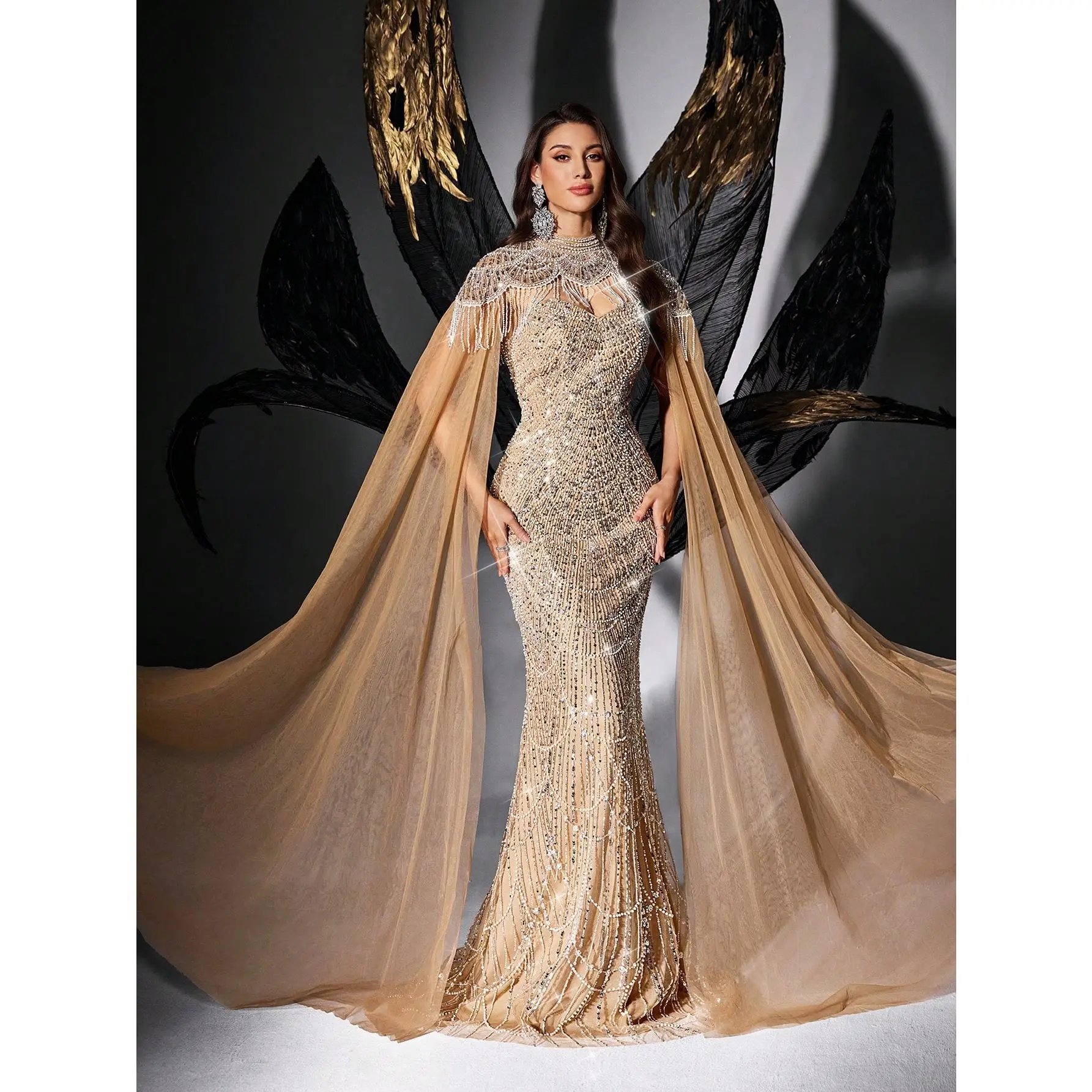 Women's High-Neck Rhinestone Mesh Mermaid Maxi Gown, Sheer Flowing Cape Formal Evening Dress For Gala, Red Carpet, Birthday & Black-Tie Events